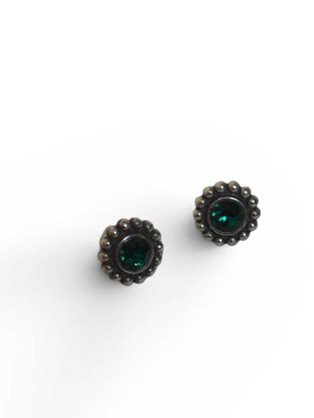 Vintage Green Rhinestone Stud Earrings Silver Tone Beaded Halo Round Pair